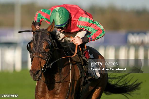 Sam Twiston-Davies riding Supreme Gift win The Colts And Fillies Handicap Hurdle at Ascot Racecourse on March 24, 2024 in Ascot, England.