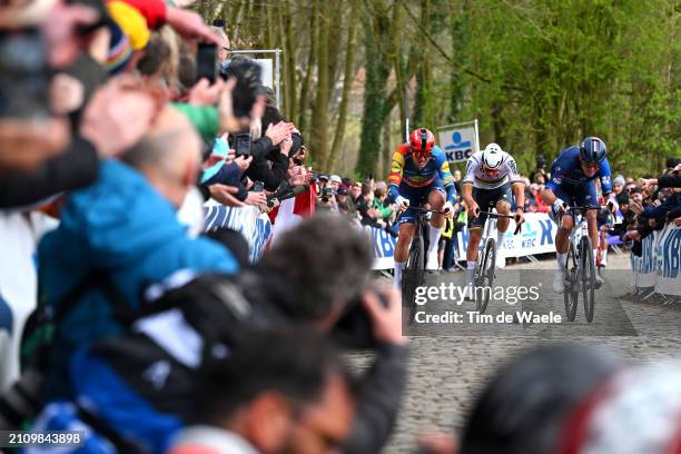 Race winner Mads Pedersen of Denmark and Team Lidl - Trek, Mathieu van der Poel of The Netherlands and Team Alpecin - Deceuninck and Laurence Pithie...