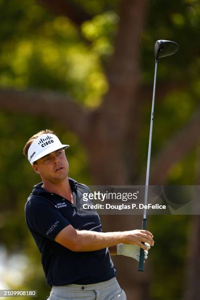 Keith Mitchell of the United States plays his shot from the first tee during the final round of the Valspar Championship at Copperhead Course at...