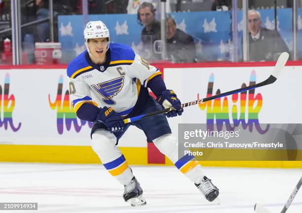 Brayden Schenn of the St. Louis Blues skates against the Ottawa Senators at Canadian Tire Centre on March 21, 2024 in Ottawa, Ontario, Canada.