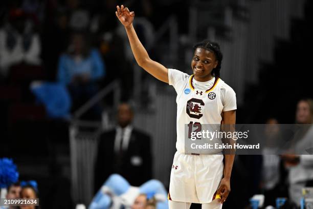 MiLaysia Fulwiley of the South Carolina Gamecocks celebrates her three point basket against the North Carolina Tar Heels in the second quarter during...