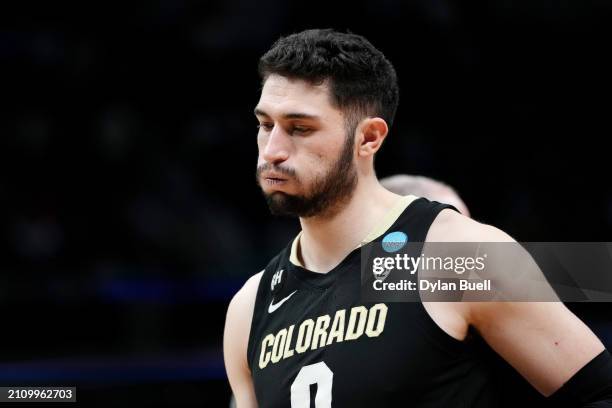 Luke O'Brien of the Colorado Buffaloes reacts after being defeated by the Marquette Golden Eagles in the second round of the NCAA Men's Basketball...