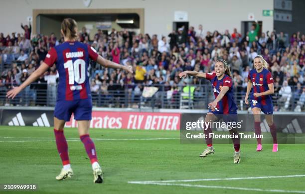 Aitana Bonmati of FC Barcelona celebrates scoring her team's second goal during the Liga F match between Real Madrid and FC Barcelona at Estadio...