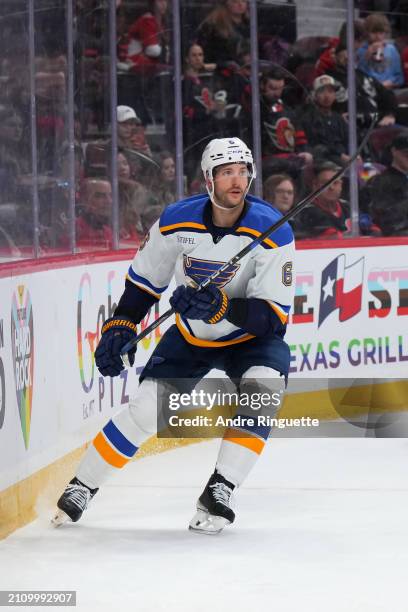 Marco Scandella of the St. Louis Blues skates against the Ottawa Senators at Canadian Tire Centre on March 21, 2024 in Ottawa, Ontario, Canada.