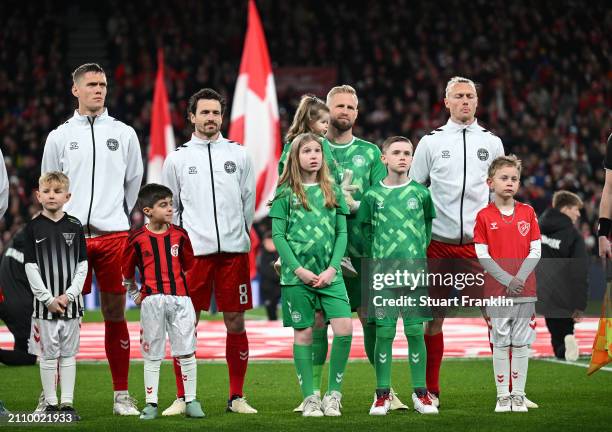 Kasper Schmeichel of Denmark and his children on his 100th cap during the international friendly match between Denmark and Switzerland at Parken...