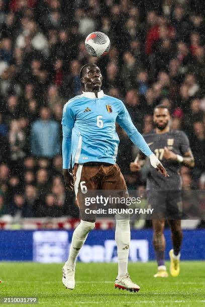 Belgium's Amadou Onana pictured in action during a friendly soccer game between England and Belgian national team Red Devils, on Tuesday 26 March...