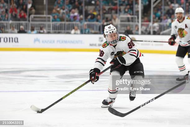 Connor Bedard of the Chicago Blackhawks skates on the ice during their game against the San Jose Sharks at SAP Center on March 23, 2024 in San Jose,...