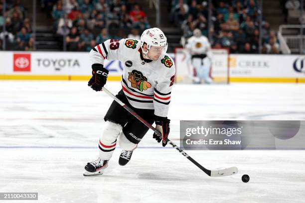 Philipp Kurashev of the Chicago Blackhawks in action against the San Jose Sharks at SAP Center on March 23, 2024 in San Jose, California.