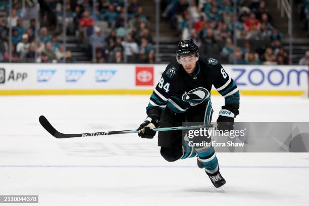 Jan Rutta of the San Jose Sharks in action against the Chicago Blackhawks at SAP Center on March 23, 2024 in San Jose, California.