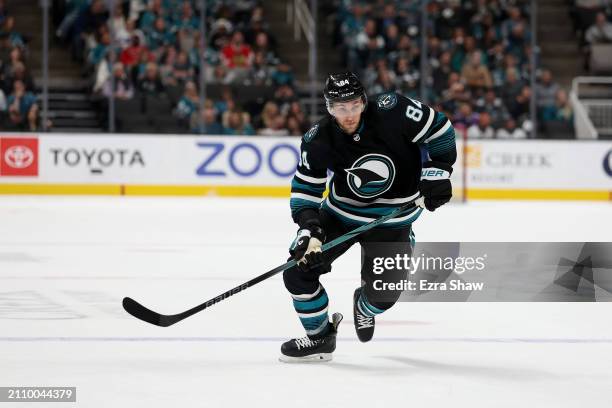 Jan Rutta of the San Jose Sharks in action against the Chicago Blackhawks at SAP Center on March 23, 2024 in San Jose, California.