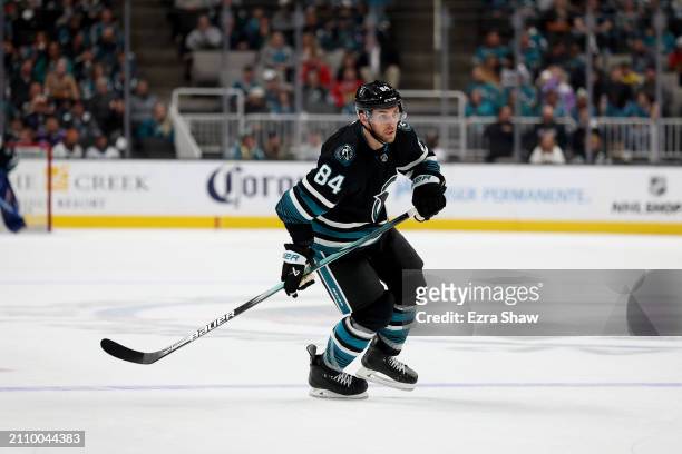 Jan Rutta of the San Jose Sharks in action against the Chicago Blackhawks at SAP Center on March 23, 2024 in San Jose, California.