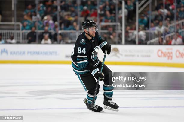 Jan Rutta of the San Jose Sharks in action against the Chicago Blackhawks at SAP Center on March 23, 2024 in San Jose, California.