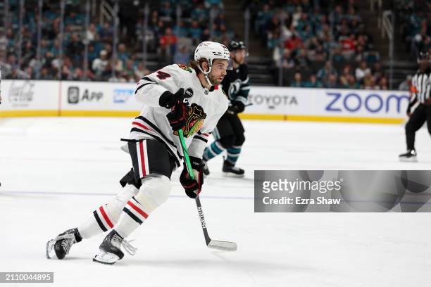 Landon Slaggert of the Chicago Blackhawks skates on the ice against the San Jose Sharks at SAP Center on March 23, 2024 in San Jose, California.
