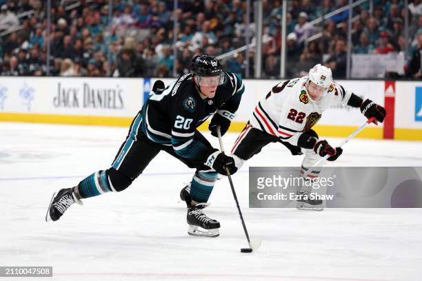 Fabian Zetterlund of the San Jose Sharks in action against the Chicago Blackhawks at SAP Center on March 23, 2024 in San Jose, California.