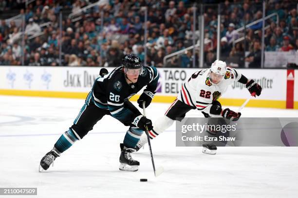 Fabian Zetterlund of the San Jose Sharks in action against the Chicago Blackhawks at SAP Center on March 23, 2024 in San Jose, California.