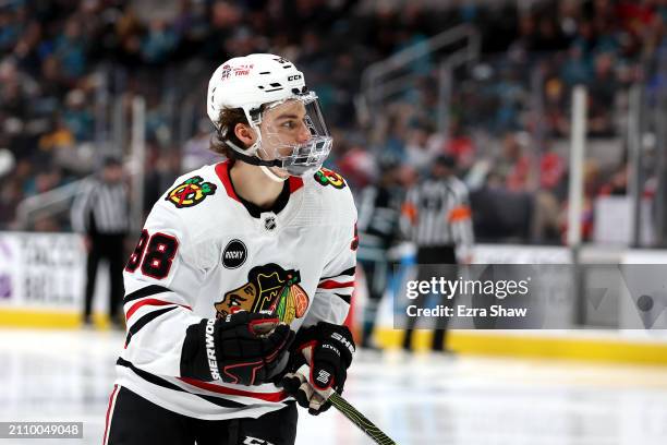 Connor Bedard of the Chicago Blackhawks waits for a faceoff during their game against the San Jose Sharks at SAP Center on March 23, 2024 in San...