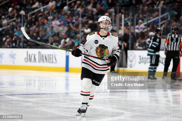 Connor Bedard of the Chicago Blackhawks waits for a faceoff during their game against the San Jose Sharks at SAP Center on March 23, 2024 in San...