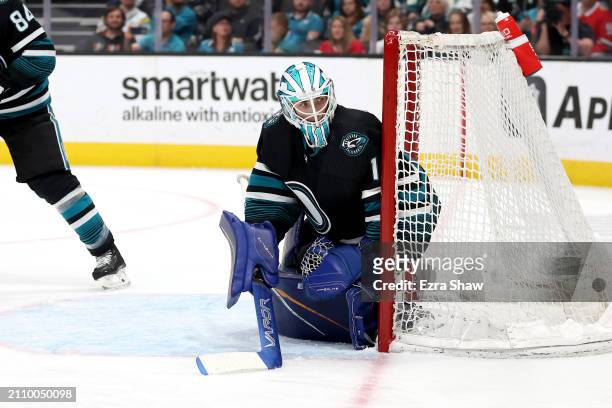 Devin Cooley of the San Jose Sharks in action against the Chicago Blackhawks at SAP Center on March 23, 2024 in San Jose, California.