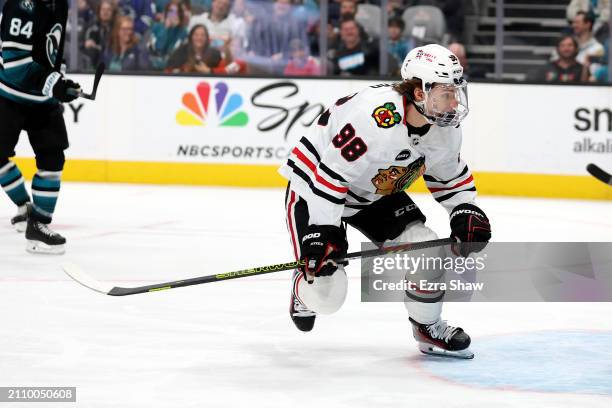 Connor Bedard of the Chicago Blackhawks skates on the ice during their game against the San Jose Sharks at SAP Center on March 23, 2024 in San Jose,...