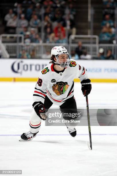 Connor Bedard of the Chicago Blackhawks skates on the ice during their game against the San Jose Sharks at SAP Center on March 23, 2024 in San Jose,...