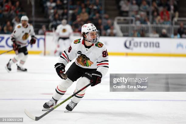 Connor Bedard of the Chicago Blackhawks skates on the ice during their game against the San Jose Sharks at SAP Center on March 23, 2024 in San Jose,...