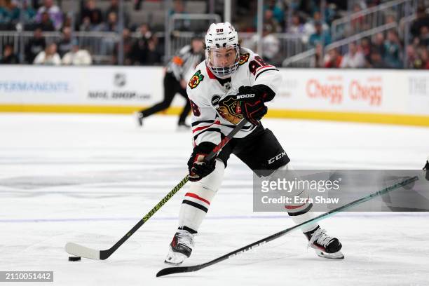 Connor Bedard of the Chicago Blackhawks skates on the ice during their game against the San Jose Sharks at SAP Center on March 23, 2024 in San Jose,...