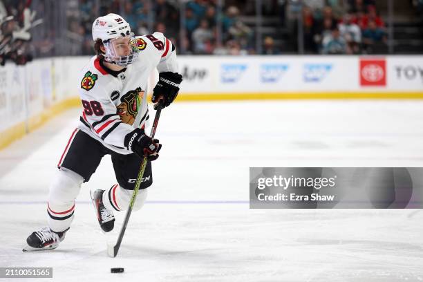 Connor Bedard of the Chicago Blackhawks skates on the ice during their game against the San Jose Sharks at SAP Center on March 23, 2024 in San Jose,...