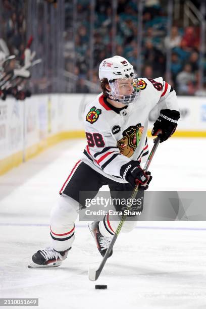 Connor Bedard of the Chicago Blackhawks skates on the ice during their game against the San Jose Sharks at SAP Center on March 23, 2024 in San Jose,...