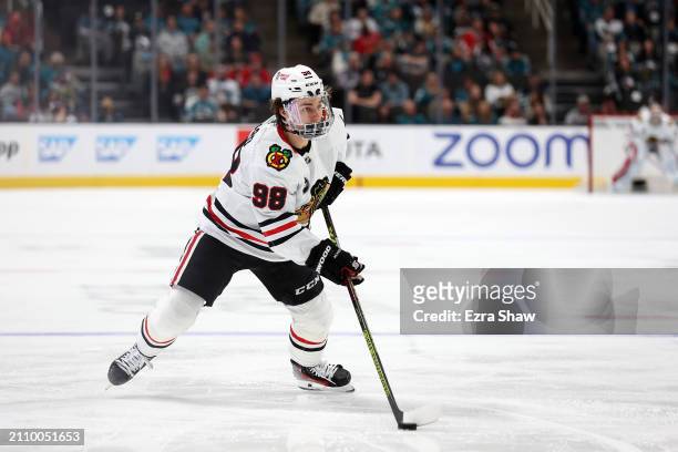 Connor Bedard of the Chicago Blackhawks skates on the ice during their game against the San Jose Sharks at SAP Center on March 23, 2024 in San Jose,...