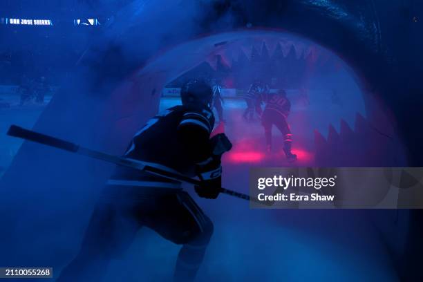 Nico Sturm of the San Jose Sharks skates onto the ice for their game against the Chicago Blackhawks at SAP Center on March 23, 2024 in San Jose,...