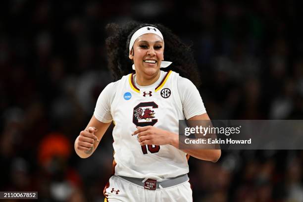 Kamilla Cardoso of the South Carolina Gamecocks runs down the court against the North Carolina Tar Heels in the second quarter during the second...