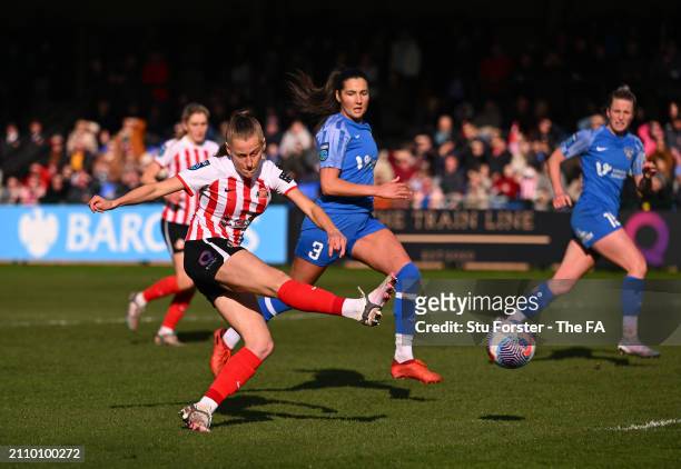 Katy Watson of Sunderland shoots to score her team's fifth goal during the Barclays Women's Championship match between Sunderland and Durham at...