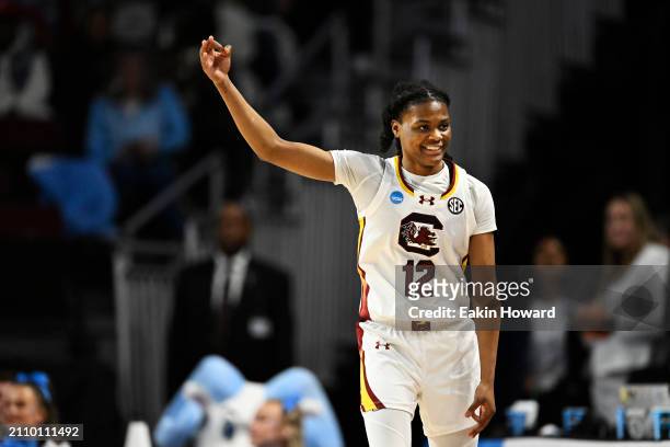 MiLaysia Fulwiley of the South Carolina Gamecocks celebrates her three point basket against the North Carolina Tar Heels in the second quarter during...