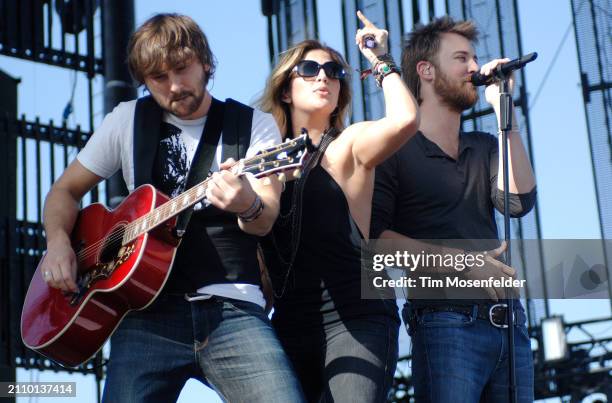 Dave Haywood, Hillary Scott, and Charles Kelley of Lady Antebellum perform during the Stagecoach music festival at the Empire Polo Fields on April...