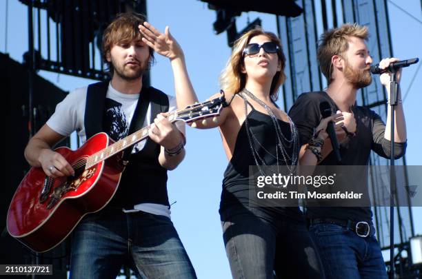 Dave Haywood, Hillary Scott, and Charles Kelley of Lady Antebellum perform during the Stagecoach music festival at the Empire Polo Fields on April...