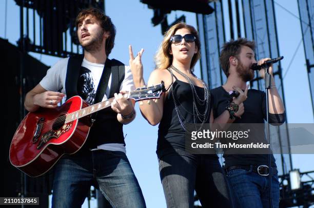 Dave Haywood, Hillary Scott, and Charles Kelley of Lady Antebellum perform during the Stagecoach music festival at the Empire Polo Fields on April...