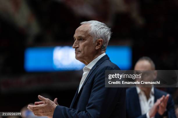 Assistant Coach Cesare Pancotto of GeVi Napoli Basket claps during the LBA Lega Basket Serie A Round 24 match between EA7 Emporio...