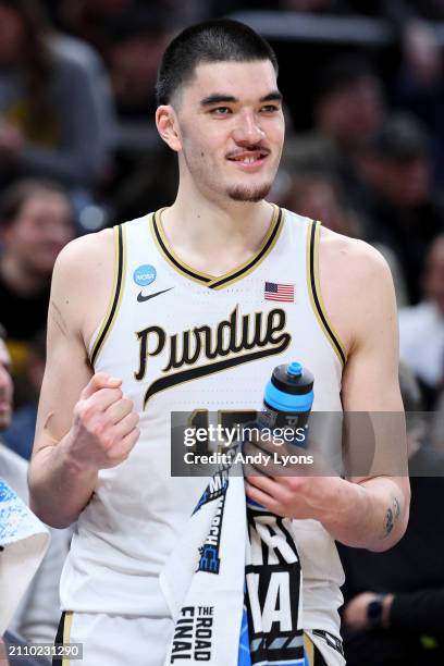 Zach Edey of the Purdue Boilermakers celebrates against the Utah State Aggies during the second half in the second round of the NCAA Men's Basketball...