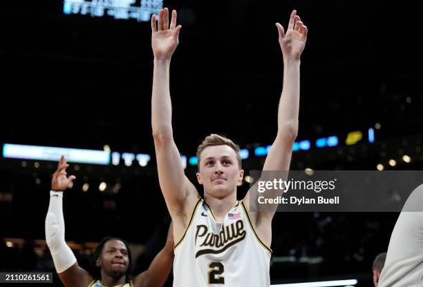 Fletcher Loyer of the Purdue Boilermakers celebrates after defeating the Utah State Aggies in the second round of the NCAA Men's Basketball...