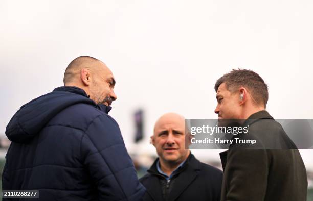 Alex Sanderson, Director of Rugby of Sale Sharks, David Flatman and Brian O'Driscoll interact ahead of the Gallagher Premiership Rugby match between...