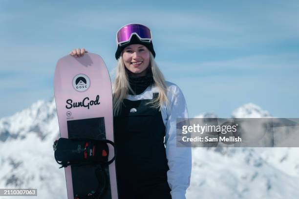 Katie Ormerod of Great Britian poses for photos during the FIS Freeski & Snowboard World Cup on March 22, 2024 in Silvaplana, Switzerland.