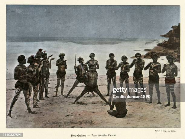 dance of painted papuans on a beach,  new guinea, traditional ceremony, history 1890s, 19th century - papua new guinea beach stock illustrations