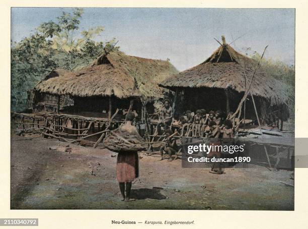 villagers, carapuna, new guinea, papuan natives, thatched huts, history 1890s, 19th century - grass hut stock illustrations