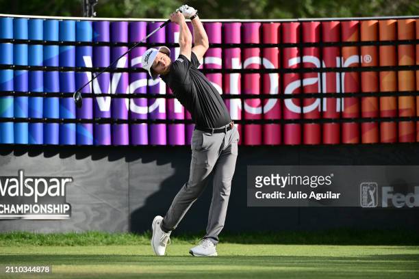 Peter Malnati of the United States plays his shot from the 18th tee during the final round of the Valspar Championship at Copperhead Course at...