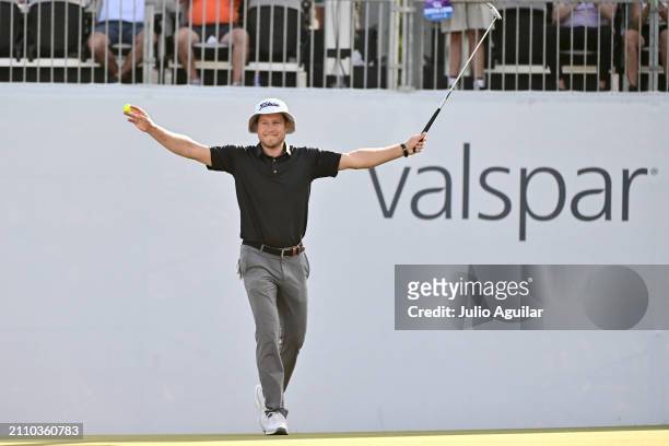 Peter Malnati of the United States reacts after winning on the 18th green during the final round of the Valspar Championship at Copperhead Course at...