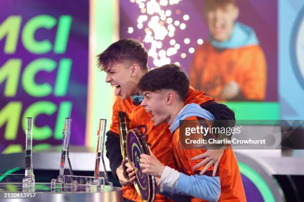 Donovan Hunt ’Tekkz” and Matias Bonanno ‘Bonanno’ of Manchester City celebrate winning the final against Marc Marley ‘Marley’ and Jayden Groden...