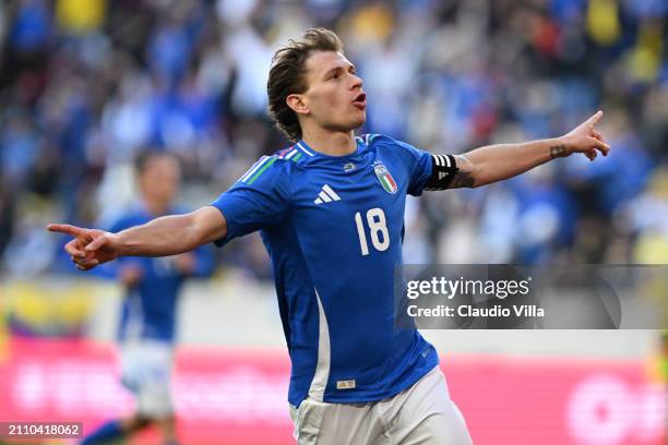 Nicolo Barella of Italy celebrates after scoring the goal during the International Friendly match between Ecuador and Italy at Red Bull Arena on...