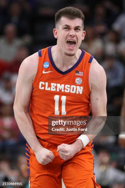 Joseph Girard III of the Clemson Tigers reacts against the Baylor Bears during the first half in the second round of the NCAA Men's Basketball...