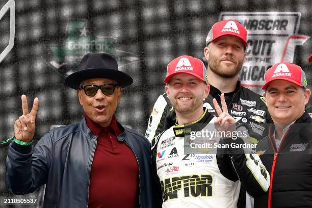 William Byron, driver of the RaptorTough.com Chevrolet, celebrates with Grand Marshal Giancarlo Esposito and Jeff Gordon, Vice Chairman of Hendrick...