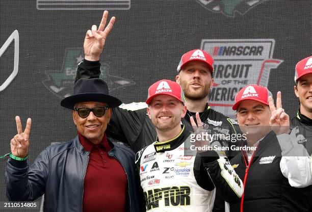 William Byron, driver of the RaptorTough.com Chevrolet, celebrates with Grand Marshal Giancarlo Esposito and Jeff Gordon, Vice Chairman of Hendrick...